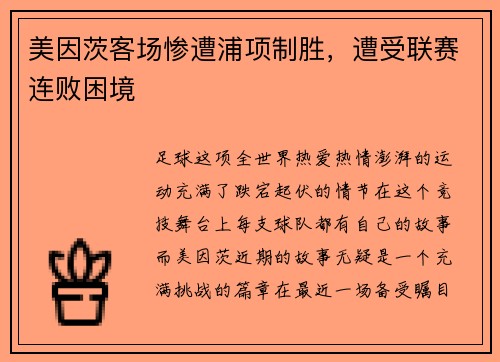 美因茨客场惨遭浦项制胜，遭受联赛连败困境